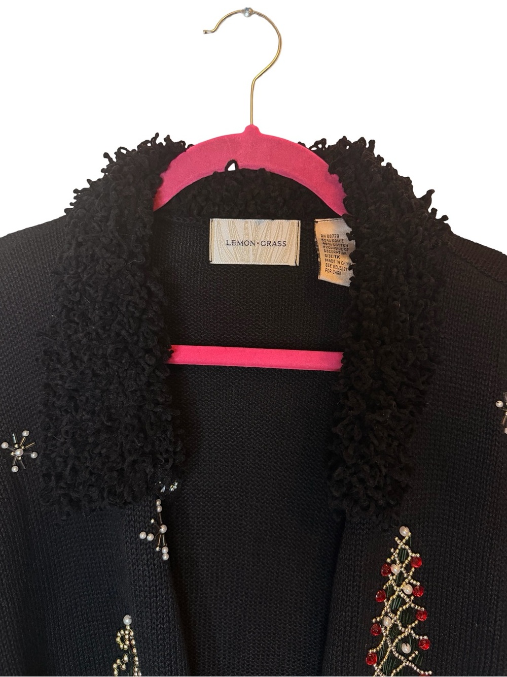 Lemon Grass Beaded Christmas Tree Cardigan Sweater Faux Fur Collar Black Sz 1X - Picture 6 of 7
